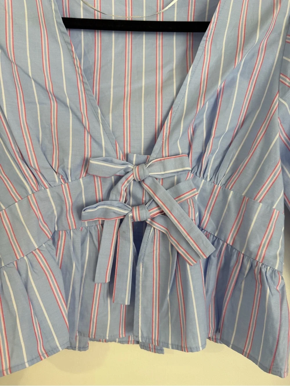 Zara Blue and White Striped Tie-Front Peplum Blouse NWOT